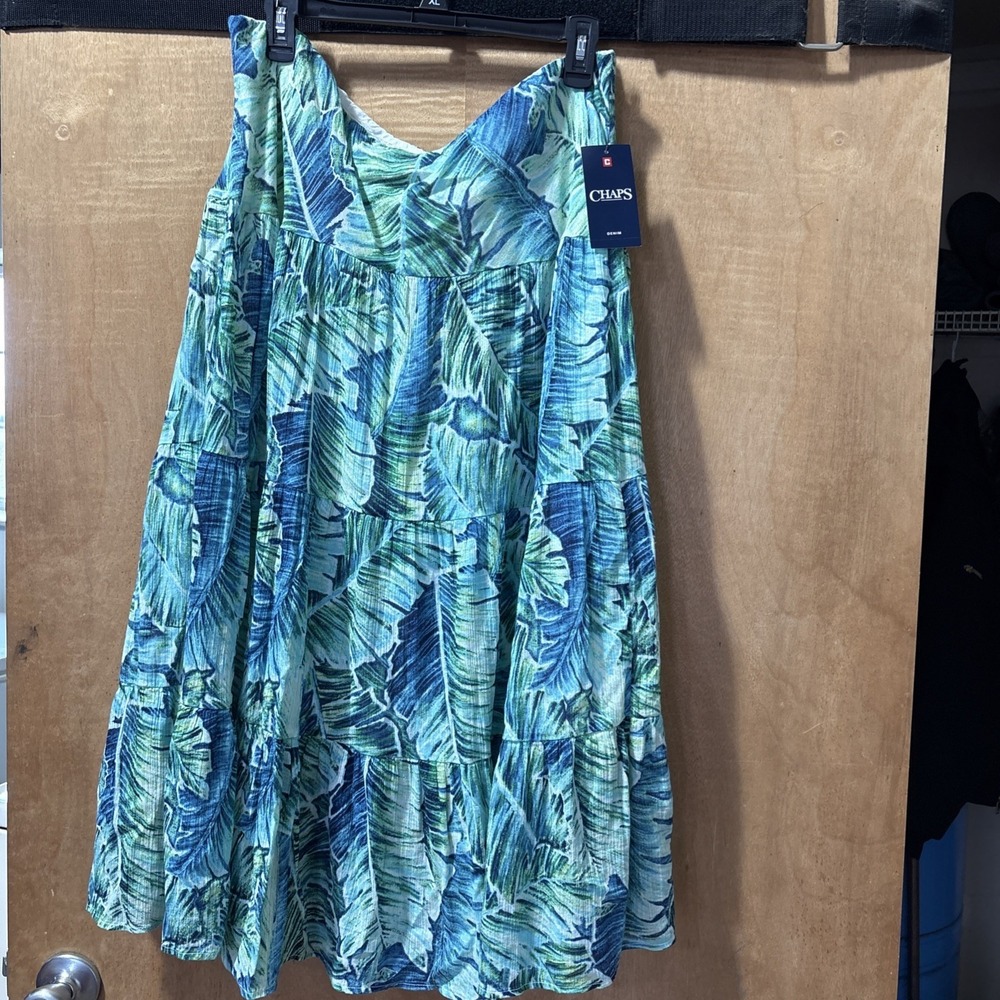 Chaps Petite Tropical Tiered Midi‎ A-Line Skirt Green Blue White Large
